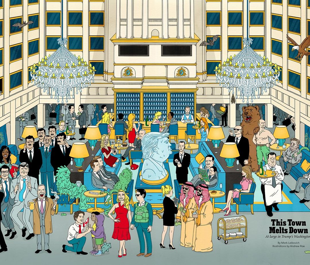 Illustration of a crowded indoor scene with people in formal wear, chandeliers, a statue, and architectural details of a luxury interior.
