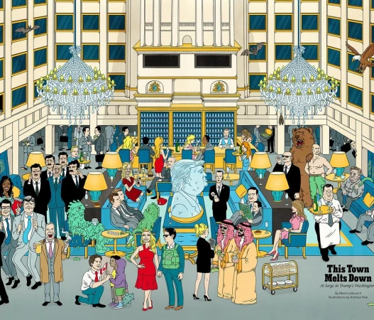 Illustration of a crowded indoor scene with people in formal wear, chandeliers, a statue, and architectural details of a luxury interior.