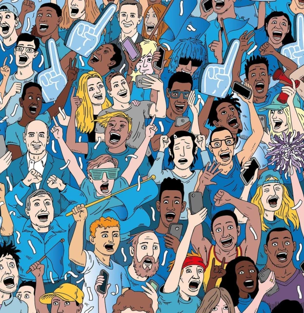 Illustration of a large, diverse crowd of people celebrating and holding up cell phones and foam hands, cheering in unison.