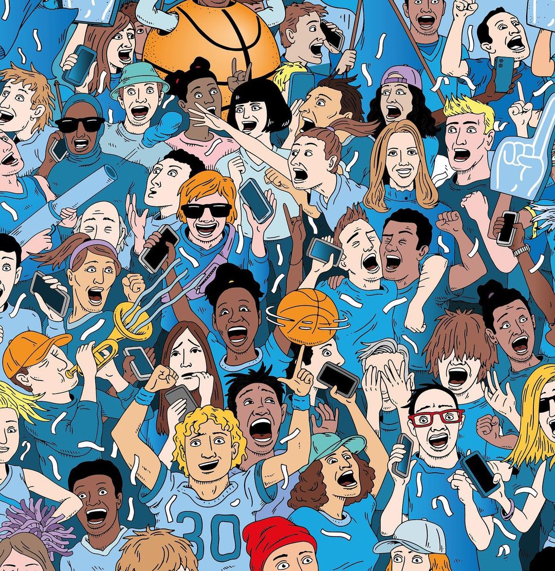 Illustration of a large crowd of diverse people cheering and holding up cell phones and sports paraphernalia in an indoor setting.