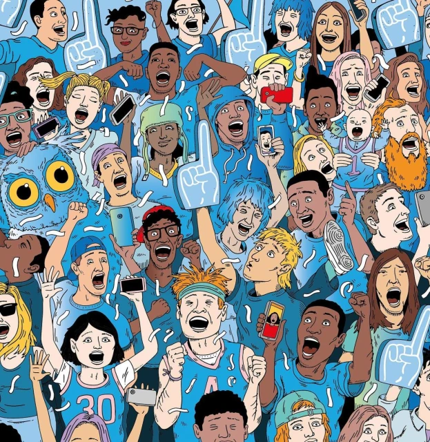 Animated illustration showcasing a large, diverse group of cheering people, many holding up smartphones and foam fingers in an indoor setting.