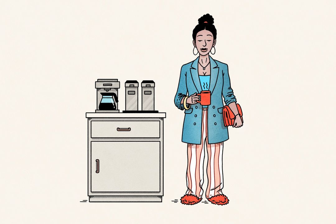 An illustrated image shows a woman holding a mug and handbag standing near a cabinet with a coffee maker and containers on top.