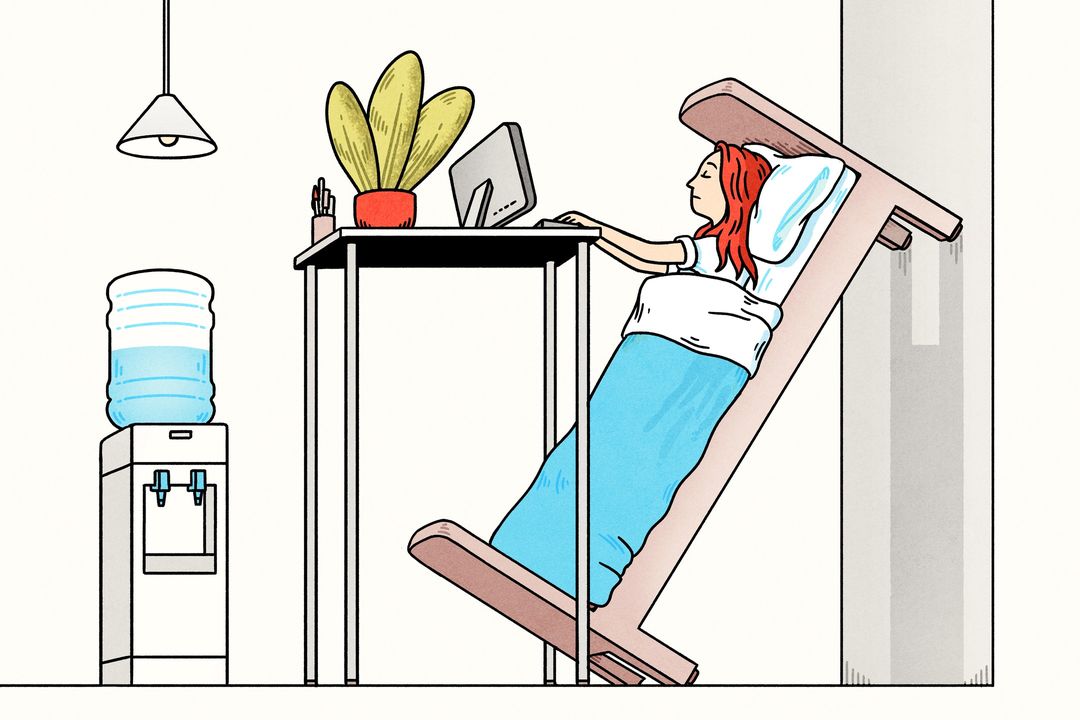 Illustration of a red-haired woman reclining in a bed positioned at a desk, working on a computer, with a water cooler nearby.