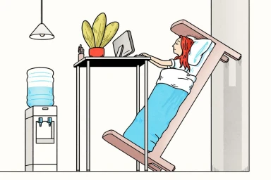 Illustration by Andrew Rae showing a person in bed propped up vertically working on a computer at a desk in an office.