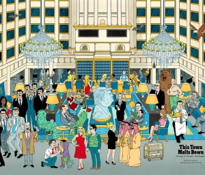 Detailed illustrated hotel lobby scene by Andrew Rae featuring a central glowing blue bust, numerous figures, and ornate chandeliers.