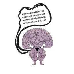 Illustration by Andrew Rae of an exaggerated extremely muscular purple man wearing black briefs with a speech bubble containing text