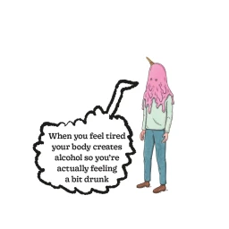 An illustration of a figure with a pink ice cream cone head and text bubble by Andrew Rae against a white background.