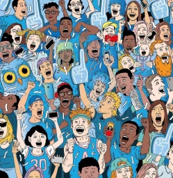 Illustration by Andrew Rae showing a dense, enthusiastic crowd of cheering sports fans in blue attire.