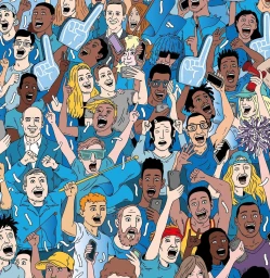 Illustrated crowd of cheering fans holding smartphones, foam fingers and flags in vibrant blue apparel by Andrew Rae.