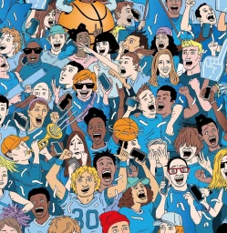 Crowd of diverse people in blue clothing cheering and holding smartphones, illustrated by Andrew Rae in London.