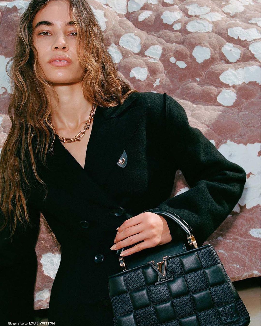 Fashion shot of a woman wearing a black blazer and gold chain necklace, holding a Louis Vuitton bag against a textured wall.