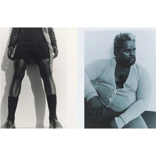 Editorial fashion shot with a man in shorts and a beaded jacket alongside a person in a ribbed long-sleeved shirt and pants.