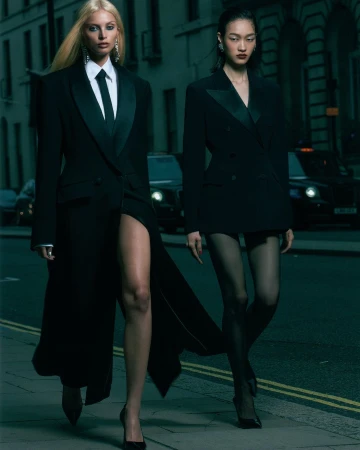 Two fashion models in formal attire stride along an urban street, showcasing black coat and blazer dresses with sleek heels, under soft lighting.