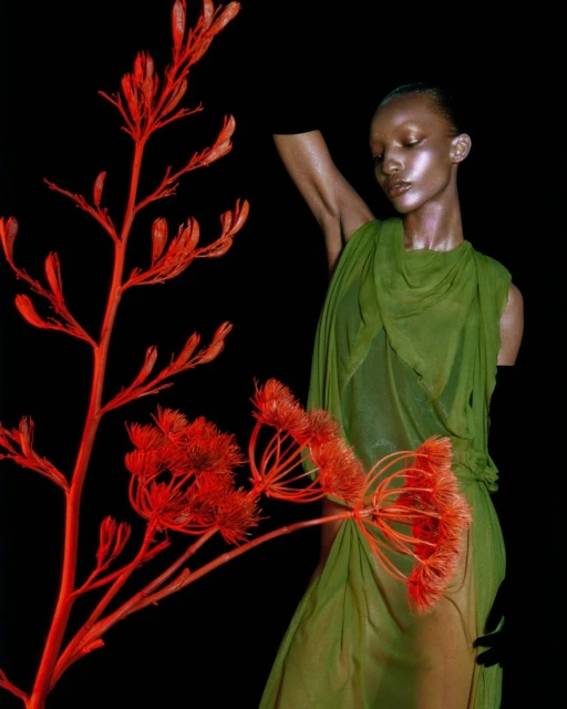 Woman in sheer green gown poses with red kangaroo paw plant on black backdrop. Fashion and beauty shot with artistic lighting.