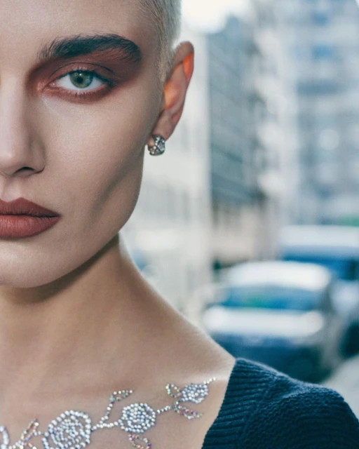Close-up beauty shot of a woman with short hair, red eyeshadow, sparkling body art, and a neutral expression, set against an urban background.