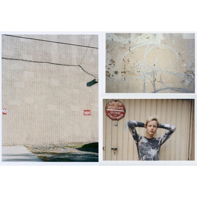 Collage of exterior walls and a woman posing in front of a sign, blending urban textures and portraiture in a muted palette.