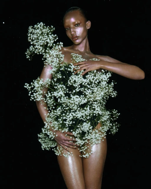 Artistic portrait of a model covered in white baby's breath flowers against a black background in a studio setting, shimmering skin.