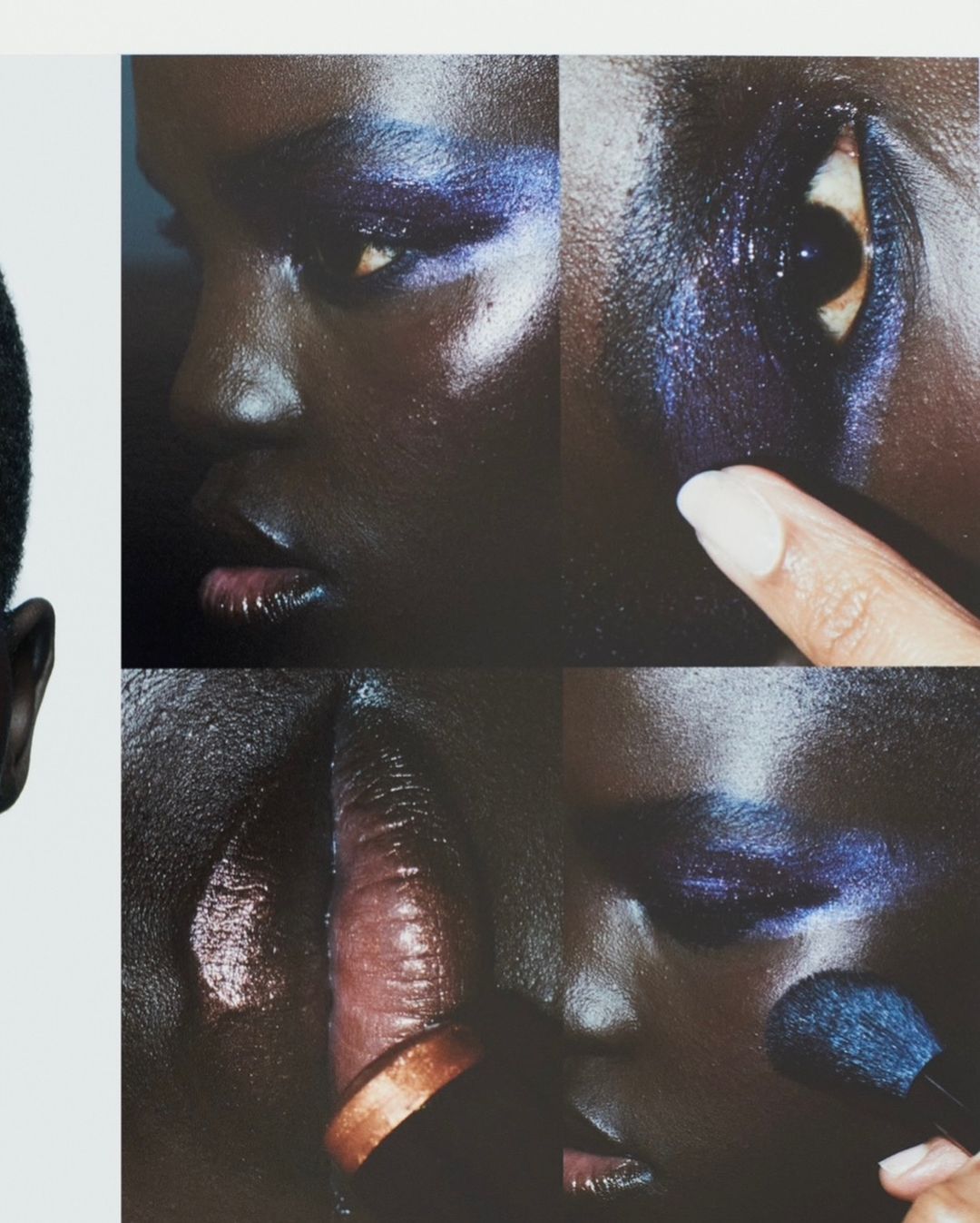 Close-up collage features a woman with dark skin, wearing purple eye makeup. A makeup brush applies cosmetics near her face.