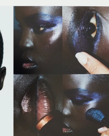 Close-up collage features a woman with dark skin, wearing purple eye makeup. A makeup brush applies cosmetics near her face.
