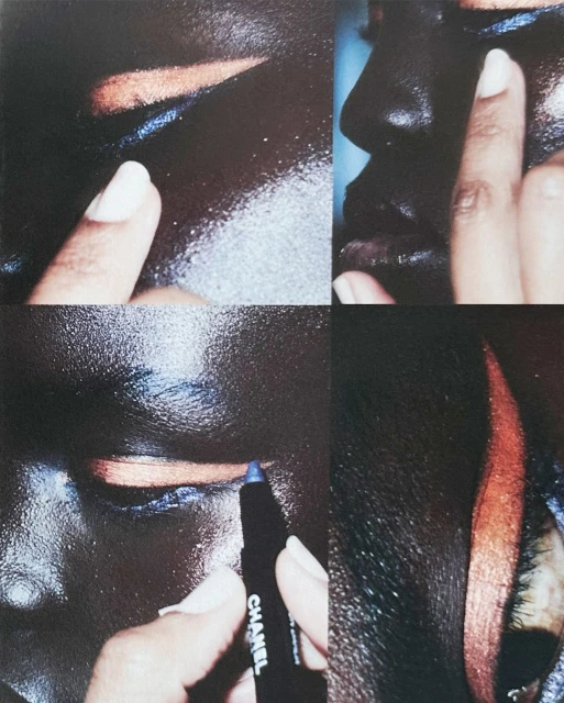 Cosmetics shot of a person applying blue eyeliner with a Chanel eyeliner pen, multiple frame collage in a vertical format.