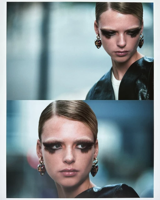 Close-up portrait of a woman in a black jacket and hoop earrings, featuring oversized eyelashes and a blurred blue-grey backdrop in the studio.