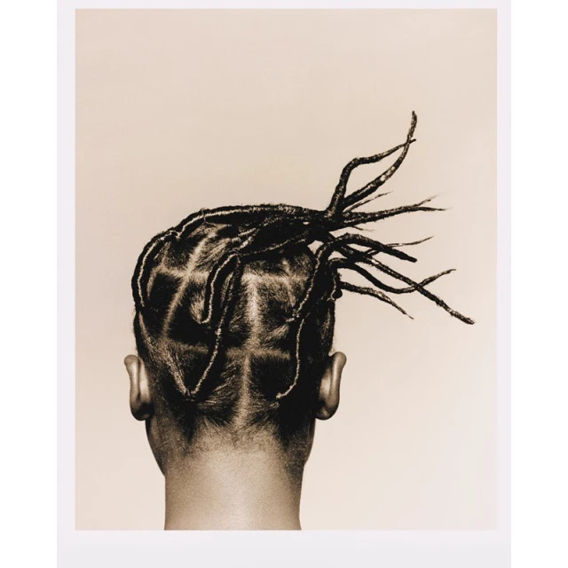 Close-up studio portrait of a man with unique braided hair design on a neutral backdrop showcasing hairstyle, neck, and ears.