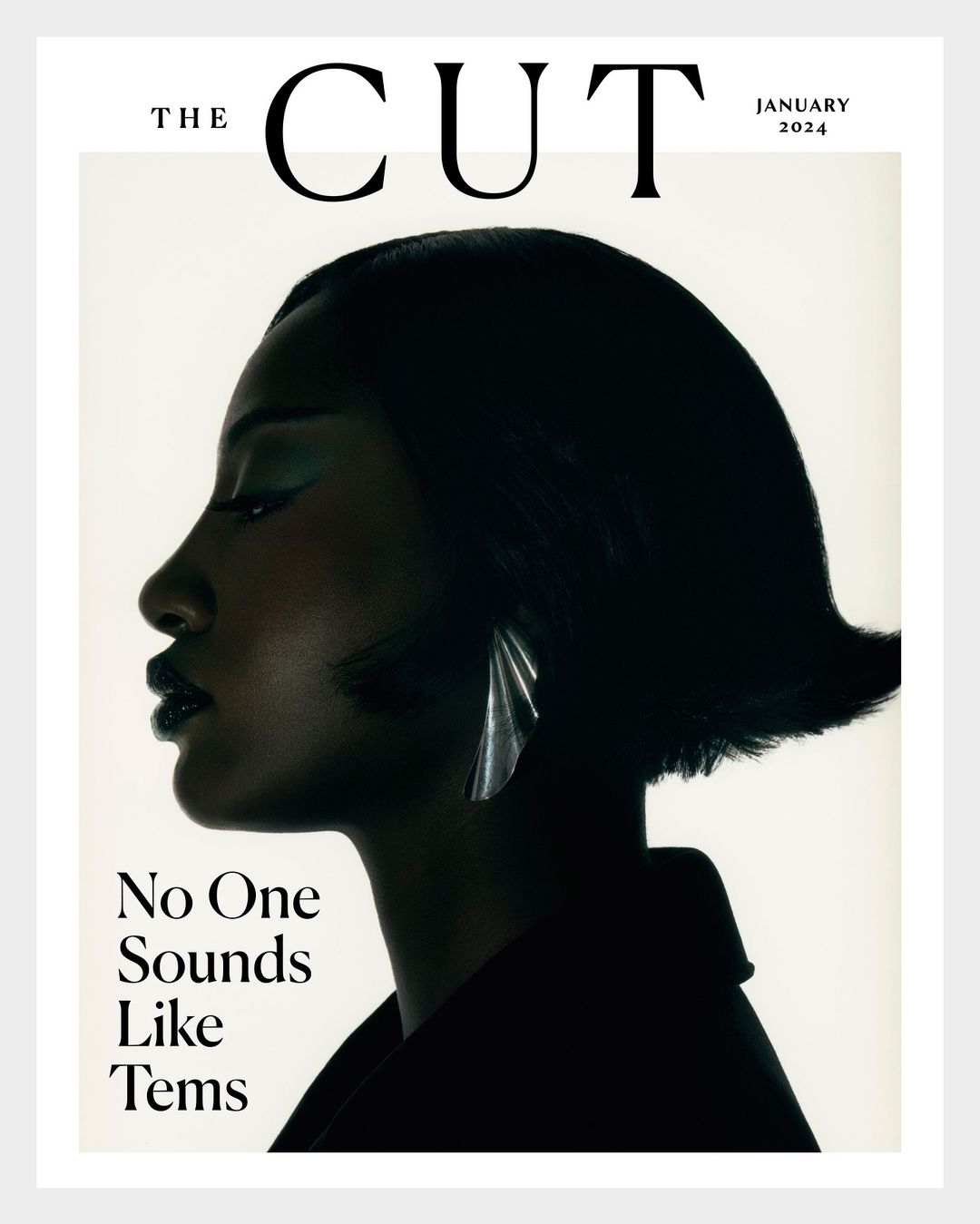 The Cut magazine cover, January 2024, features a profile of a dark-skinned woman with dark hair and a large earring. 