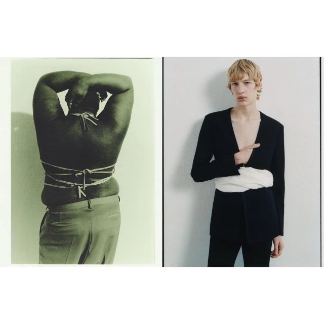 Two photos show a man with rope around his torso and a man in a suit. Fashion editorial style image with neutral backgrounds.