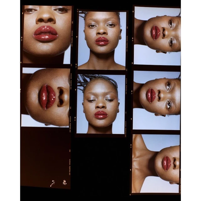 Beauty shot of a young Black woman with glossy red lips, arranged in a film contact sheet aesthetic.