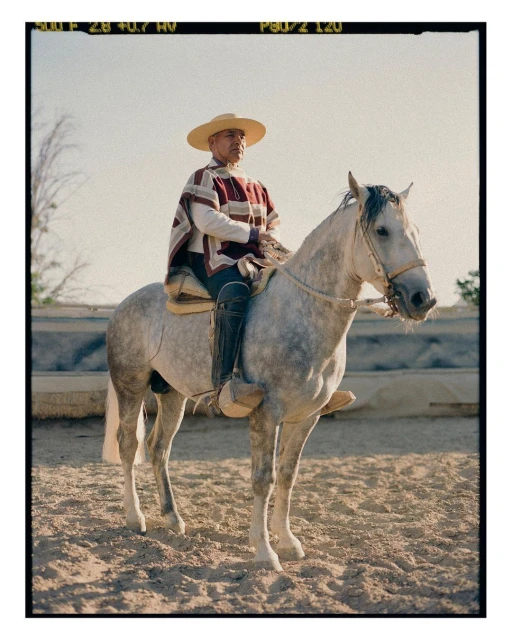 Elderly gaucho in traditional poncho rides a gray horse in sunlit arena, wearing a straw hat and boots, against a clear sky background.