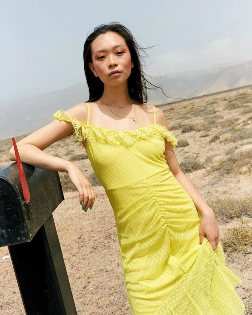 A woman in a yellow dress leans against a mailbox in a desert setting. The photograph captures a fashion aesthetic with natural light.