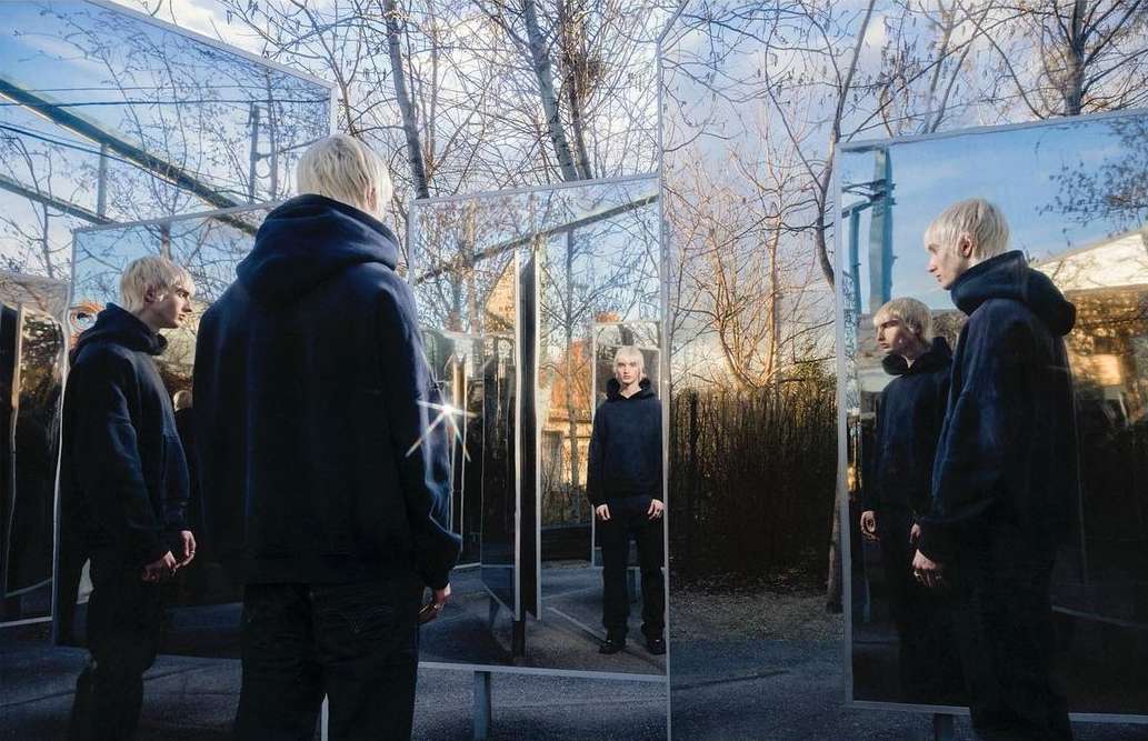 Multiple mirrored images of a young adult with bleached blonde hair wearing a dark hoodie, posing outdoors in an urban setting.