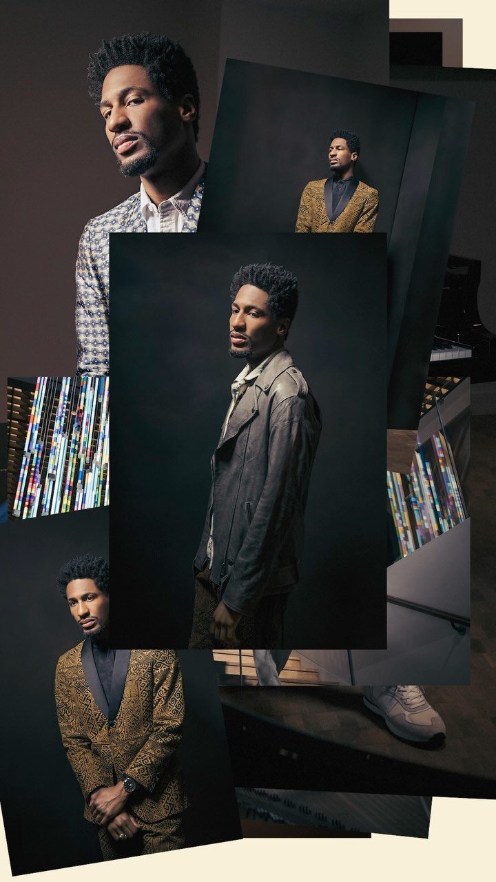 Collage of an adult male in multiple poses wearing patterned jackets, with a piano and vinyl records in the background. Moody lighting.