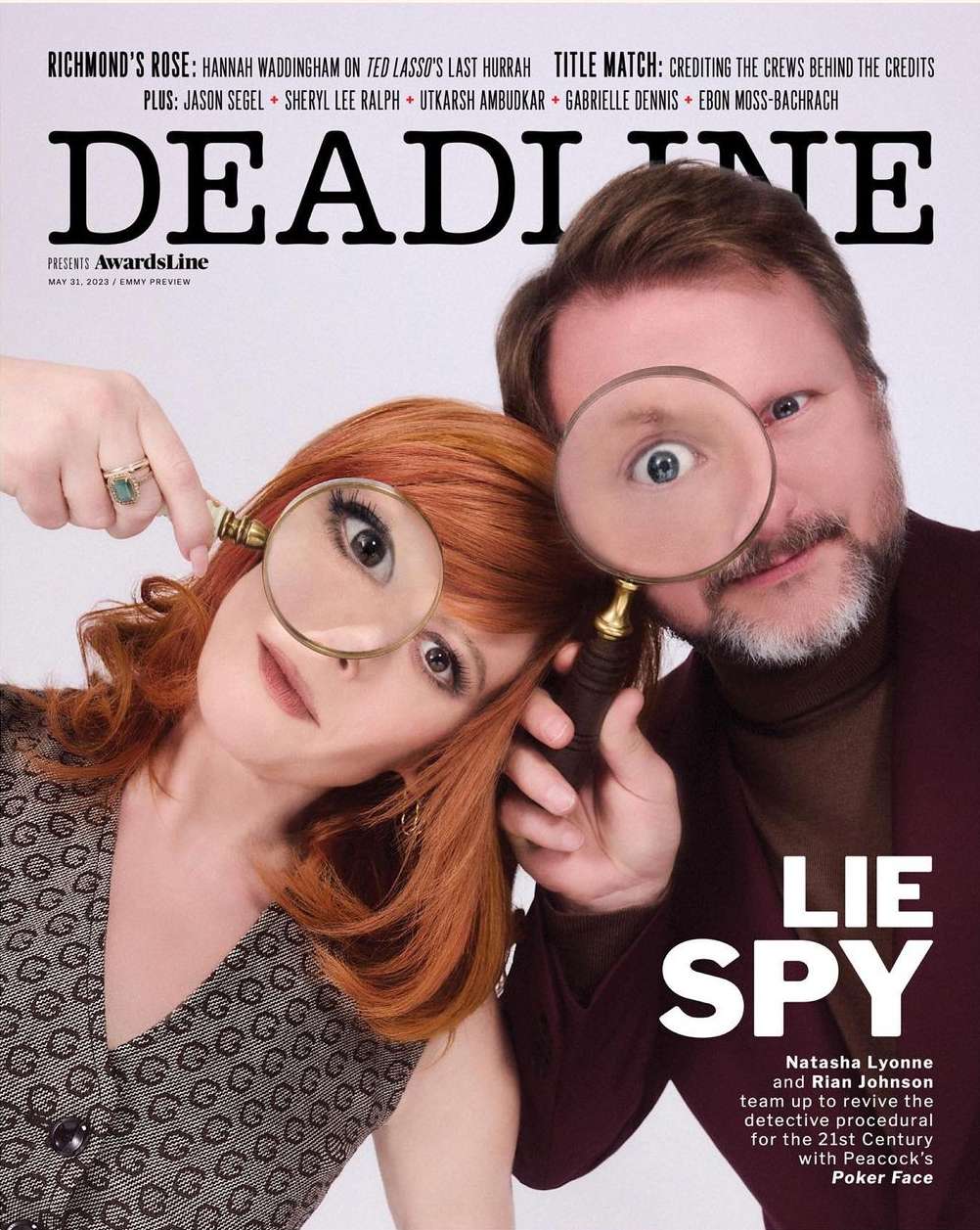 Magazine cover featuring Natasha Lyonne and Rian Johnson, each holding magnifying glasses, promoting their detective procedural series.