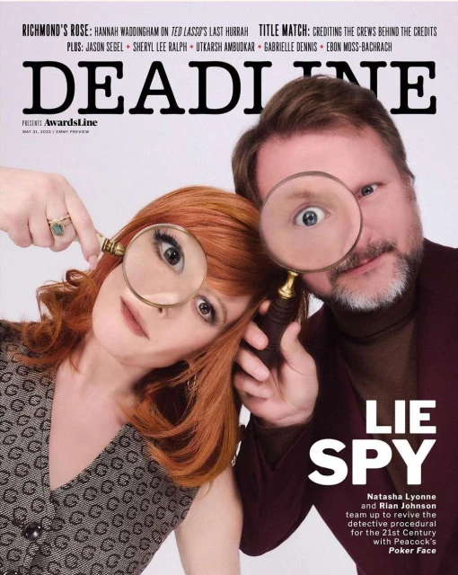 Magazine cover featuring Natasha Lyonne and Rian Johnson, each holding magnifying glasses, promoting their detective procedural series.