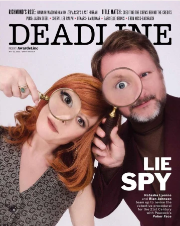 Magazine cover featuring Natasha Lyonne and Rian Johnson, each holding magnifying glasses, promoting their detective procedural series.