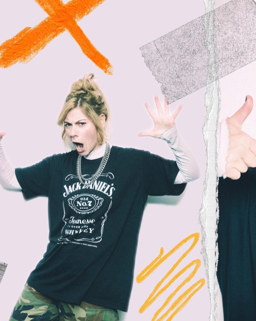 Blond woman in casual attire poses in front of a collage-style background featuring orange brush strokes and taped paper elements.