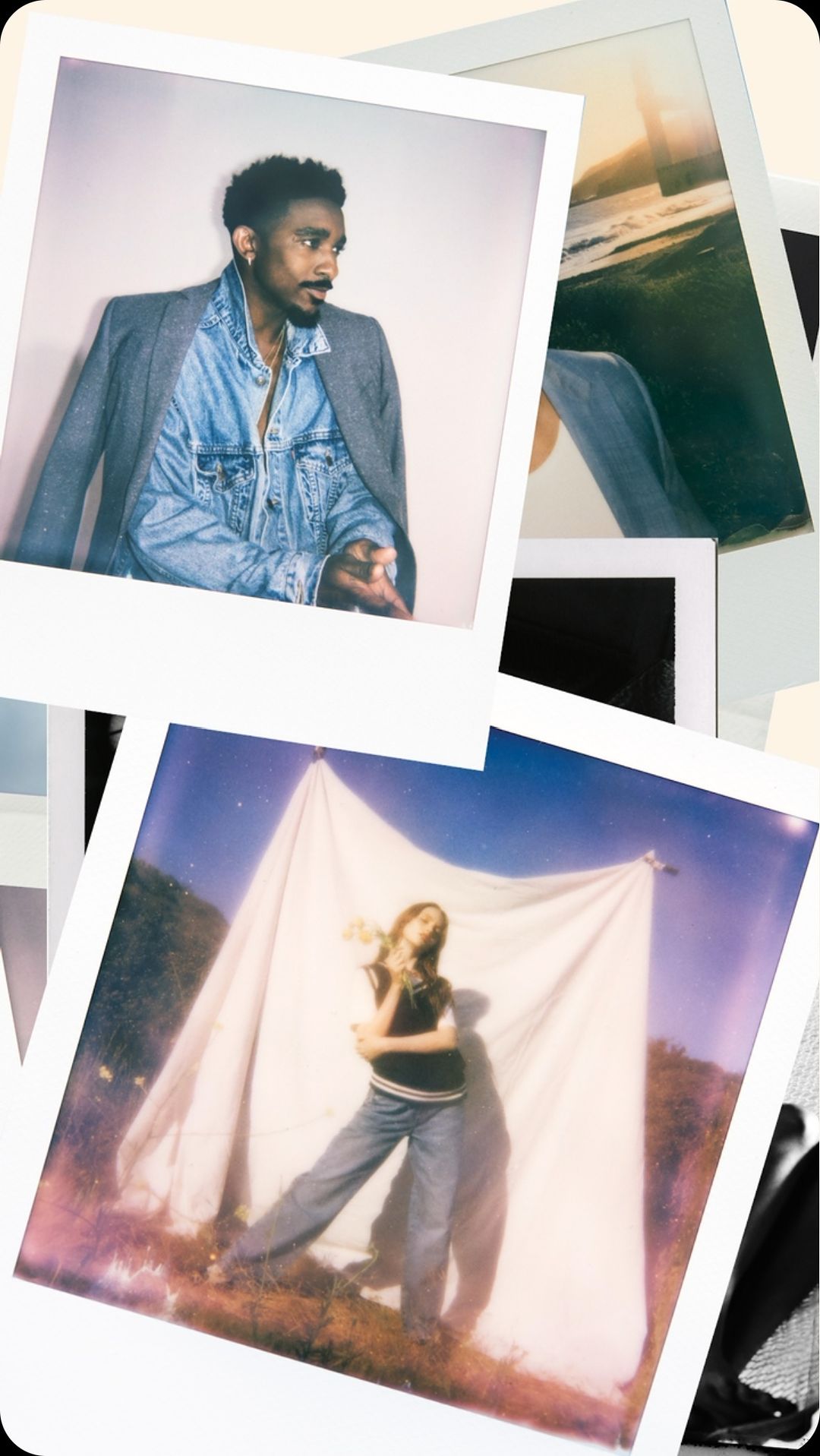 Collage of two framed Polaroid-style photos: one man in a denim jacket and one woman with flowers against a white sheet backdrop.