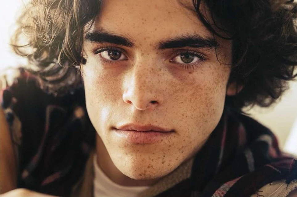 Close-up portrait of a young adult male with curly hair and freckles wearing a plaid shirt, gazing directly at the camera indoors.