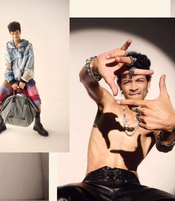Dual fashion portrait of a young adult man wearing a patchwork denim jacket and another with jewelry posing against a neutral backdrop.