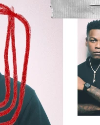Portrait collage of John Boyega wearing a black t-shirt with silver necklace and watch against a light background with red markings