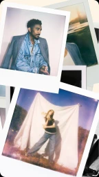 Collage of polaroid photographs featuring a man in a denim jacket and a woman standing in front of a white sheet outdoors