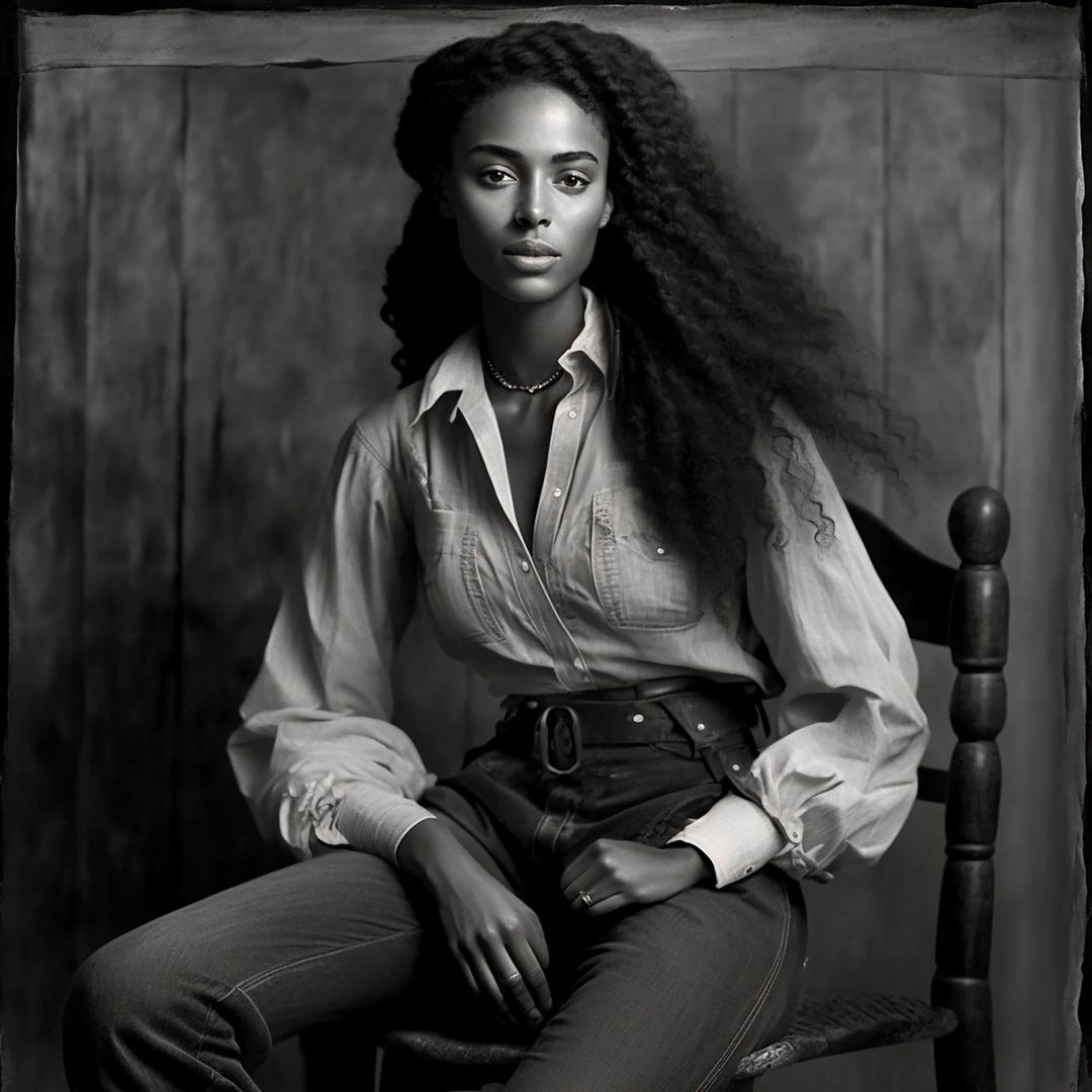 Portrait of an adult female with long curly hair, wearing a button-down shirt, sitting on a wooden chair against a gray background.