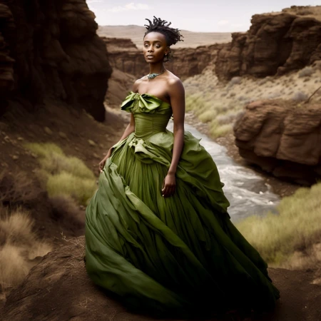 An African woman in a dramatic green gown standing in a canyon, river in background, with earth-tone cliffs and arid vegetation.