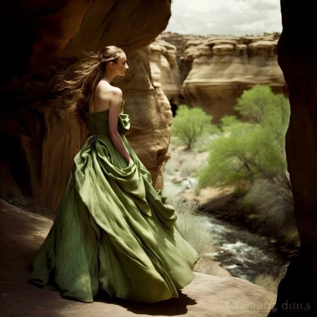 Woman in flowing green gown stands in a desert cave with distant canyons and green trees under a cloudy sky. Beauty and nature blend.