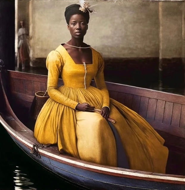 Woman in yellow gown sits in gondola in a vintage-style portrait. Elegant, old-fashioned aesthetic with a classical Venetian setting.