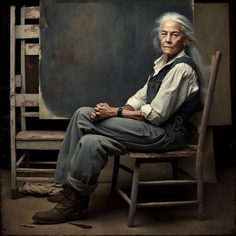 Elderly woman with long grey hair sits on a wooden chair in an artist's studio with a dark painting behind her. She wears work clothes.