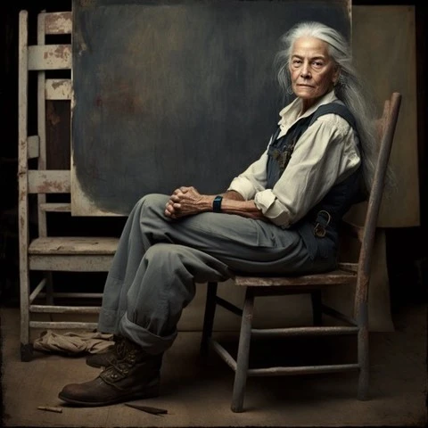 Elderly woman with long grey hair sits on a wooden chair in an artist's studio with a dark painting behind her. She wears work clothes.