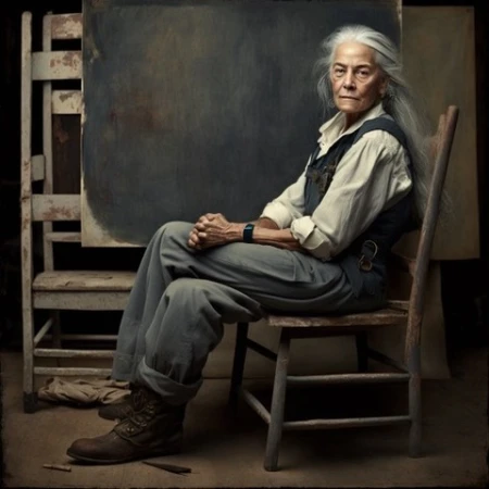 Elderly woman with long grey hair sits on a wooden chair in an artist's studio with a dark painting behind her. She wears work clothes.