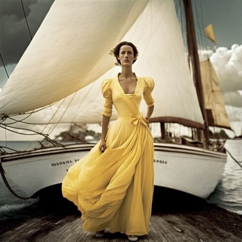 Woman in yellow dress standing on pier with sailboat. Outdoor shot of adult female in elegant gown with a vintage boat, water background.
